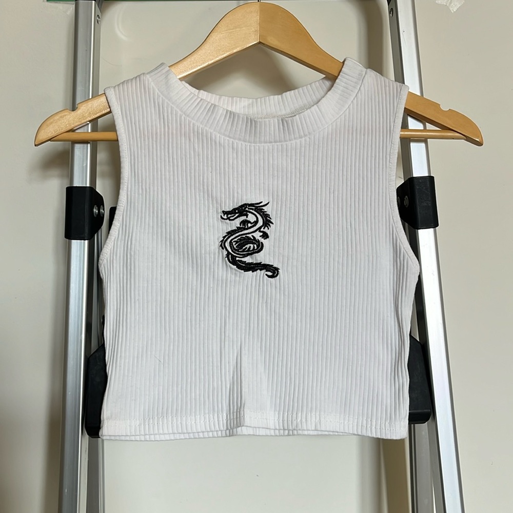 Women's White and Black Crop-top